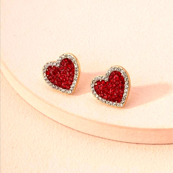 Rhinestone Earrings Hearts Heart Diamond Earrings Textured Ends Red Pave NEW… - Picture 2 of 3